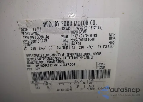 2015 Ford Explorer Xlt z USA, uszkodzony, nr VIN 1FM5K7D8XFGB37208